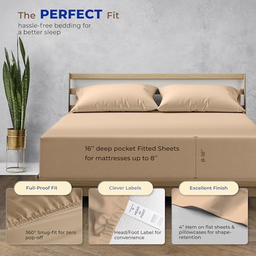 Image of THREAD SPREAD California King Bed Sheets, Luxury 1000 Series Paradise Collection 100% Egyptian Cotton Cal King Sheets Set (4 PC, Taupe), Silky Soft, Cooling, 16 inch Deep Pocket Hotel Sheet Set