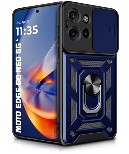 Image of WOW IMAGINE Tough Armor Bumper Mobile Back Case for Motorola Moto Edge 50 Neo 5G | Sliding Camera Shield Cover | Shock Proof 360 Protection | Hybrid PC + TPU | Ring Holder with Kickstand - Blue