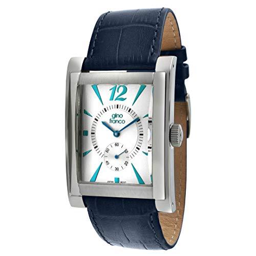 Gino Franco メンズ ステンレススチール クラシック タンクシェイプ ウォッチ 太字 アラビア数字 本革ストラップ, ブルー