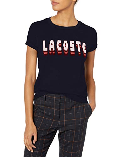 Lacoste Womens Short Sleeve Interlock Cotton Lacoste Logo Tee Shirt T-Shirt, Navy Blue, 2