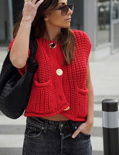 Image of Arssm Women Button Down Sweater Vest Sleeveless Crop Knit Cardigan Cropped Knitted Sweater Vest with Pockets