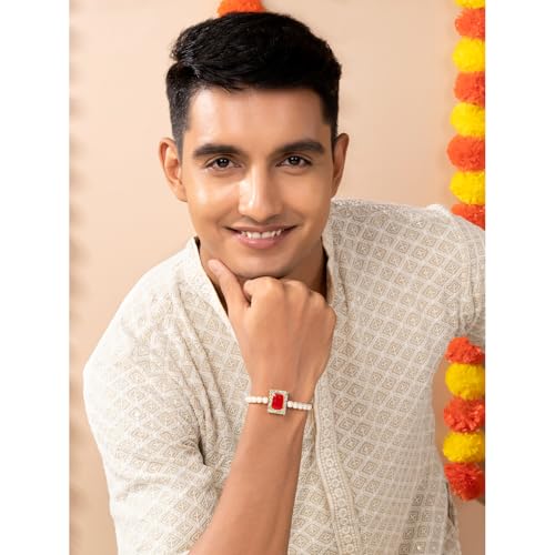Image of Peora Rakhshabandhan Thread Rakhi for Brother Bhaiya | Kundan Beads & Crystal Studded | Combo Set of 2 | Rakhi Hamper Roli Chawal & Greeting Card