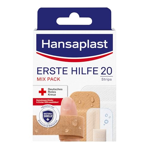 Hansaplast Erste Hilfe Pflaster Mix (20 Strips) Pflaster Set in verschiedenen Größen ideal für unterwegs Wundpflaster mit Bacteria Shield