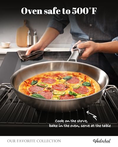 Image of Stainless Steel Frying Pan Set with Lids 8+10+12 Inch,Tri-Ply Stainless Steel Skillets,Brushed Steel Pans with Stainless Steel Lids,Oven&Dishwasher Safe,Induction Compatible