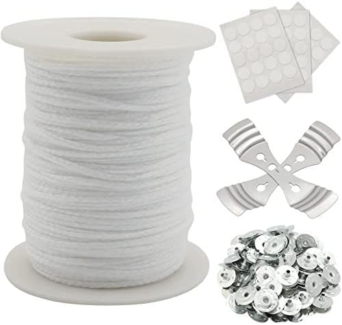 Candle Wick Roll, RAPUDA 200 Ft 24 PLY Braided Wick Spool, 2 Pcs Metal Candle Wick Holders,100 Pcs Metal Sustainer Tabs, 60 pcs Candle Thread Stickers for Candle DIY Craft Making