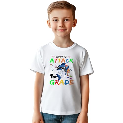 Ready to Attack First Grade #1 Kids Shirts, YS-YXL, Boys Or Girls, Shark, Great for The First Day of School Or Everyday Wear
