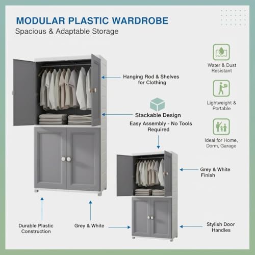Image of Sunderlook Plastic Wardrobe for Kids Clothes - Foldable Collapsible Wardrobes for Clothes, Large Cupboard for Storage for Men and Women (Grey, 4 Door)