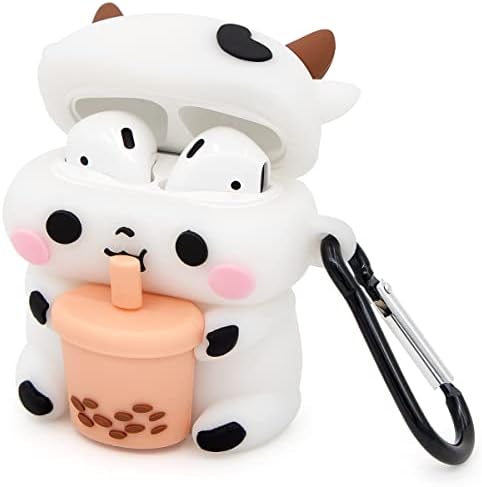 Mouzor Cute Airpods Case, Airpods 2 Case, Boba Tea Cow Funny 3D Cartoon Animal Case, Soft PVC Full Protection Shockproof Charging Case Cover with Carabiner for Airpods 1st generation, 2nd generation