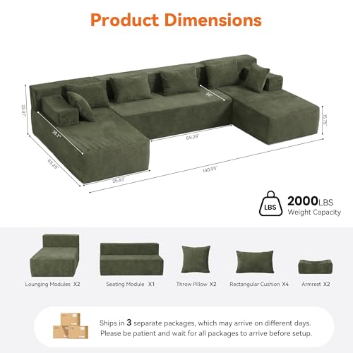 Image of MONVANE 141 inch U Shaped Cloud Sectional Couch with Chaise Lounge, Modular Sectional Sofa with Removable Armrests, Comfy Corduroy Boneless Couches for Living Room, No Assembly Required, Green