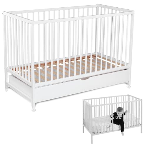 Cuna de Bebé + Cajón con Guía y Tapa 60x120. Cuna Convertible en Cama Infantil. 3 Posiciones de Somier. Lacado Blanco al Agua sin Elementos Tóxicos para la Salud. Modelo Maipo CoolDreams
