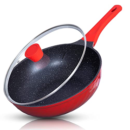 INTIGNIS sartén antiadherente con tapa, sartén wok 30cm inducción gas placas eléctricas, olla libre de químicos mango stay cool (Rojo)