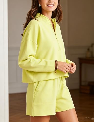 Image of Bozanly Two Piece Outfits for Women Trendy Long Sleeve Tops Shorts Set