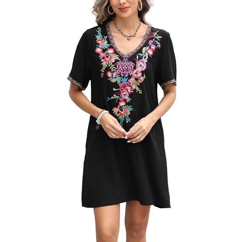 Image of Grosy Fiesta Embroidered Mexican Dress for Women Beach Vacation Plus Size Short Sleeve Summer Boho Dresses with Pocket