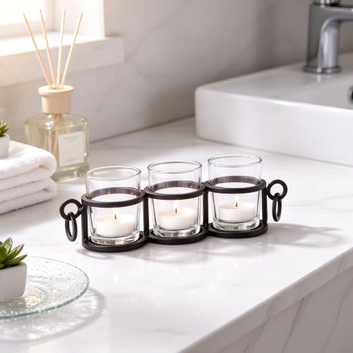 Image of HOSLEY Clear Glass Tealight Candle Holders| Black Tealight Candle Holders with Glass Holders Perfect for Home Decor Tabletop Centerpiece| Pack of 1 with Pack of 3 Tealights