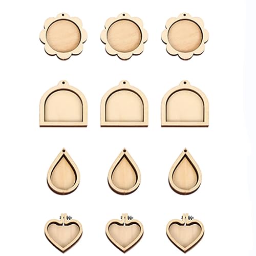 Mini Embroidery Hoops 8 Types Wood Circle Cross Stitch Hoop Ring 1-2 Inch Round & Oval Tiny Embroidery Display Frame DIY Pendant for Necklaces, Key Charms, Bag Charms, Earrings (B(12PCS))