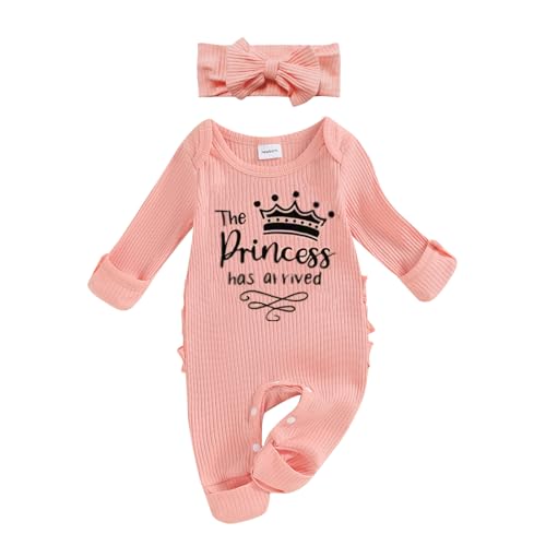 Image of FIOMVA Im New Here Newborn Outfit Girl Long Sleeve Letter Romper Ribbed Knit Jumpsuit Baby Girl Preemie Coming Home Outfit