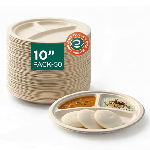 Image of Eco Soul | Round 3 Compartment Bagasse Plates | 10 Inch - Pack of 50 | Disposable Plates Big Size | Beige Eco-Friendly Compostable Sugarcane Plates | Sturdy, Heat-Safe & Plastic-Free Tableware
