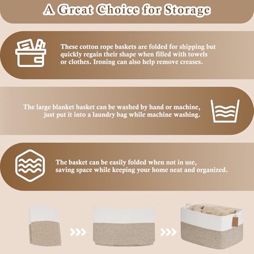 Image of Goodpick 75L Extra Large Woven Rope Blanket Basket, Rectangle, Brown | 22 inch x 17 inch x 12 inch Decorative Storage Basket for Pillows & Clothes, Fits Living Room & Nursery Organization, Handles