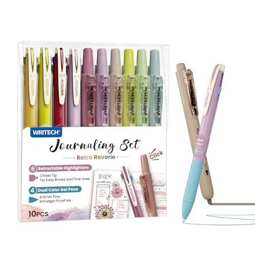 WRITECH Gel Pens Journaling Highlighters: Journal Set Aesthetic Assorted Vintage Color Ink 0.5mm Fine Point Retractable 2 in 1 Pen Smooth Writing Drawing 10ct