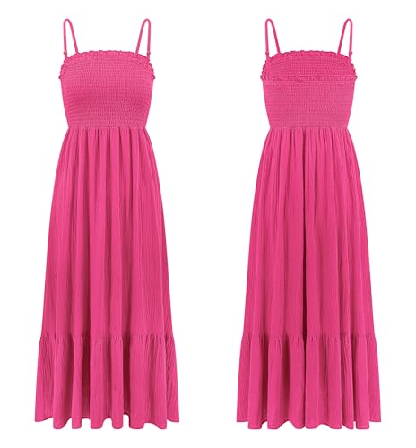 Image of R.Vivimos Womens Summer Boho Cotton Maxi Dress Adjustable Spaghetti Strap Elastic Smocked Casual Ruffle Hem Flowy Beach Dress