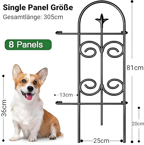 Amagabeli Dekoratives Gartenzaun 81cm(H) x 41cm(L) (8 Panels, Gesamtlänge 3.3m), Rostfrei Metallzaun ohne Graben für Außenbereich, Grenzzaun, Hundezäune für Blumenbeete, Schwarz