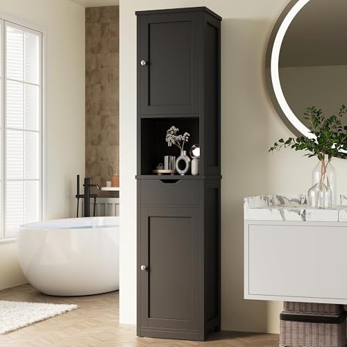 Shintenchi Tall Bathroom Storage Cabinet, Slim Corner Floor Cabinet with Doors and Drawer, Freestanding Narrow Bathroom Organizer with Adjustable Shelves for Small Space, Black