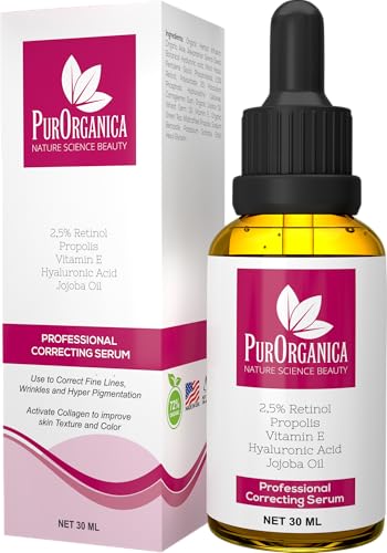 PurOrganica Retinol Serum - Best Treatment for Acne and Acne Scars, Pigmentation, Fine Lines, Wrinkles and Dark Circles - Premium 2.5% Retinol, Vegan Hyaluronic Acid & Jojoba Oil