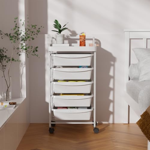 Shrivee Carrito Auxiliar de 5 Cajones con Ruedas y Cajones Estetica Ahorro de Espacio Carro Organizador para Cocina Baño Dormitorio Oficina (Blanco) - imagen 2