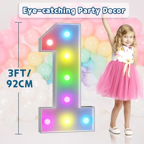 Image of Imprsv Colorful 3FT Marquee Numbers 1, 18 Colors Large Light up Numbers | RGB with Remote, Birthday Party Decorations Anniversary Wedding Decorations Assembly Required 19 Pcs Accessory Set