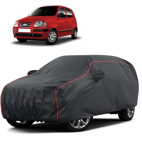 Image of Sulfar 100% Water Resistant Car Body Cover Compatible with Mirror for Hyundai Santro Xing (Triple Stitched, Full Bottom Elastic, Dark Grey Taffeta with Red Piping)