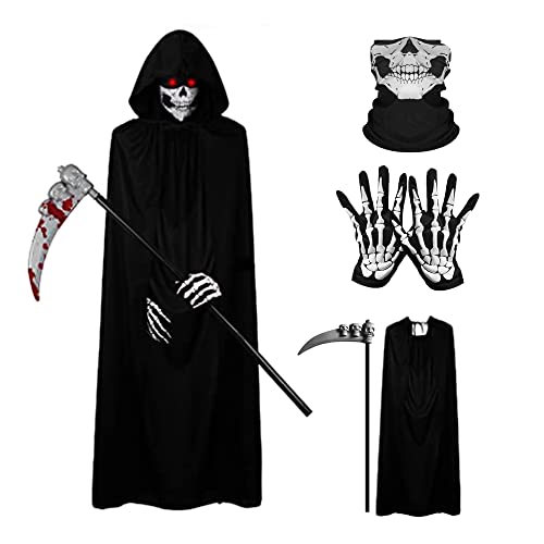 Gobesty Costume Cosplay di Halloween da Grim Reaper, Costume da Mietitore di Halloween per Uomo, Costume Grim Reaper Tunica Con Cappuccio con Armi e Maschera per Adulti e Bambini, Nero