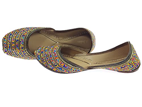 Women's Colors Beads Genuine Soft Leather Juttis | Bite and Pinch Free Jutis | Ladies Punjabi Jutti | Wedding Flat Stylish Mojari | Bridal Ethnic Flats For Girls |2