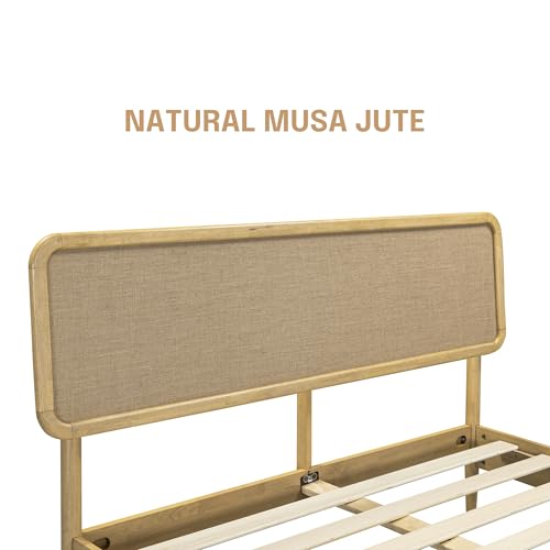Image of NTC Lupin Wooden Bed Frame with Headboard, Solid Oak and Rubber Wood Foundation with Silent Slats and Wood Central Supports, 1000 Lb Capacity, Queen - Sand