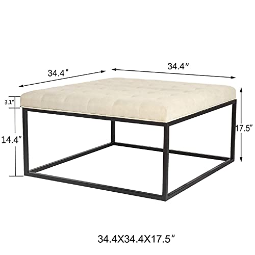 Adeco 34 Inch Square Ottoman Coffee Table Button Tufted Upholstered Linen Fabric Footrest Stool Ottoman, Bottom Storage Space, Beige #TOP1