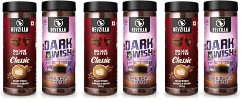 Image of Bevzilla 200 Gram Classic & 200 Gram Dark roasted Darkwish Instant Coffee powder | Best for Espresso, Latte & Cappucino | Hot & Cold Brews (Pack of 3)