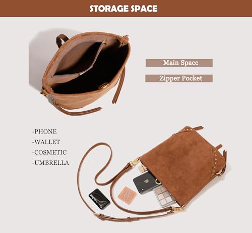 Bucket Bag for Women, Suede Crossbody Bag Tote Bags, Women's Shoulder Handbag, Vintage Suede Studded Fringe Purse3