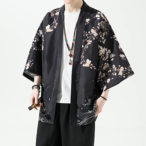 PRIJOUHE Men\'s Kimono Cardigan Jacket Japanese Style Flying Crane Seven Sleeves Open Front Coat