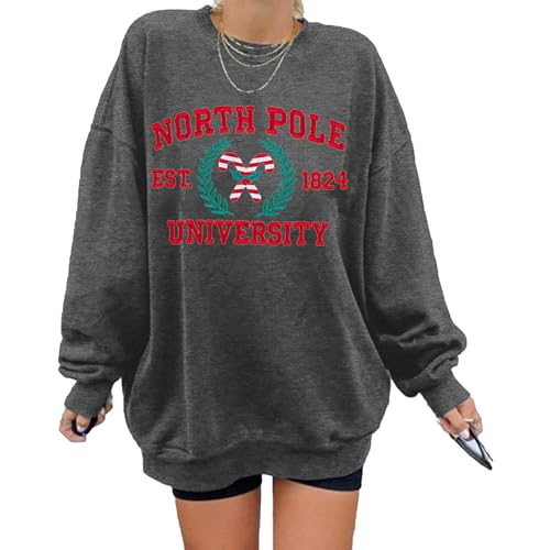 Christmas Sweatshirts for Women North Pole University Sweatshirt Oversized Christmas Embroidered Long Sleeve Top Dark Gray
