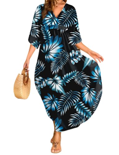 MAKABO Mooomoos Plus Size Women's Kaftan Caftan Dresses Elegant Short Sleeve Black Leaves Long Length Housedress