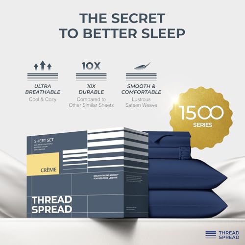 Image of THREAD SPREAD 100% Egyptian Cotton Sheets Queen Size - Luxury 1500 Series Queen Sheet Set Egyptian Cotton (4 PC, Navy Blue), Silky Soft, Sateen Weave, Cooling & Breathable, 17 inch Deep Pocket Bed Set