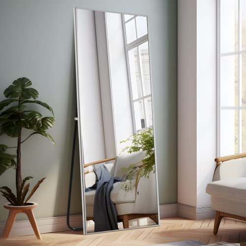 Image of NeuType Full Length Mirror Floor Mirror with Standing Holder Bedroom /Locker Room Standing /Hanging Mirror Walnut Wood Dressing Mirror (Grey Flash Silver)