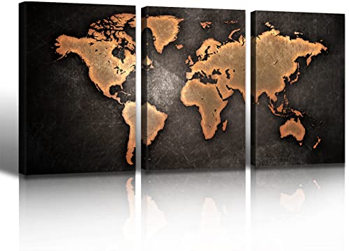 DJSYLIFE Vintage World Map Wall Art Wall Decor Living Room 3 Piece Large World Map Pictures Canvas Prints Retro Poster for Men's Bedroom Home Office Decorations Framed and Ready to Hang16" W x 24" Hx3
