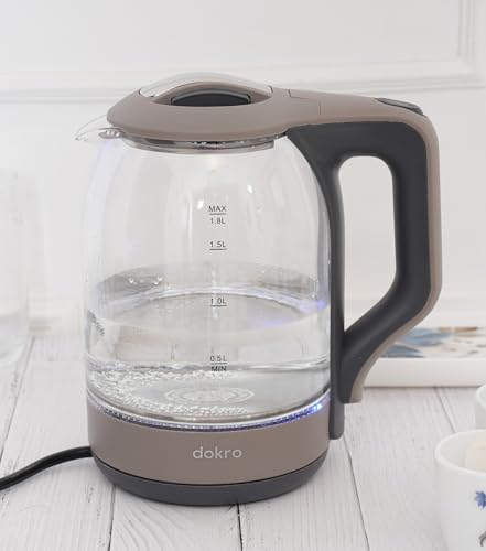 Image of Dokro 1.8L Electric Glass Kettle (1350W) | 100% Borosilicate Glass Body with Locking Lid, 360 Swivel Base, Concealed Element for faster heating, Auto Shut-Off, Rust Proof Electric Kettle (Grey)