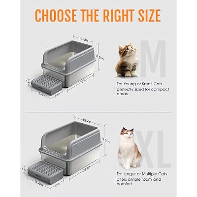 Powools Cat Litter Box - Stainless Steel Litter Box with Scatter-Proof Elevated Step Board for Kitty Use, Robust & Non-Sticky Metal Cat Box with Scoop, Grey