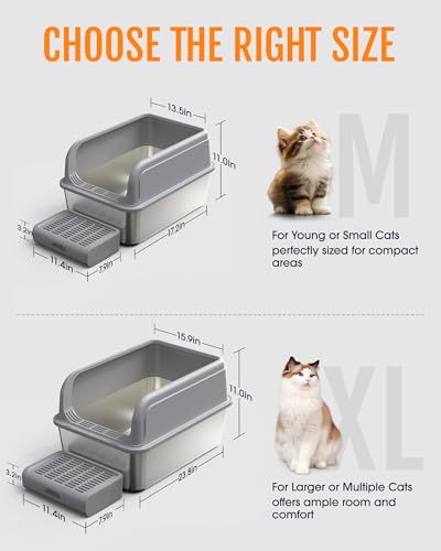 Powools Cat Litter Box - Stainless Steel Litter Box with Scatter-Proof Elevated Step Board for Kitty Use, Robust & Non-Sticky Metal Cat Box with Scoop, Grey
