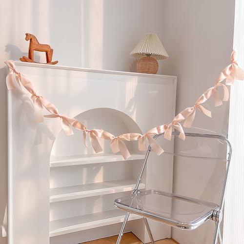 Image of Peach Bow Garland Pre-Assembled | 6ft Silk Satin Bow Banner for Coquette Bachelorette Party, Soft Blush Baby Shower,Bridal Shower Wedding Baby Room Bed Decor (Peach, 6ft)