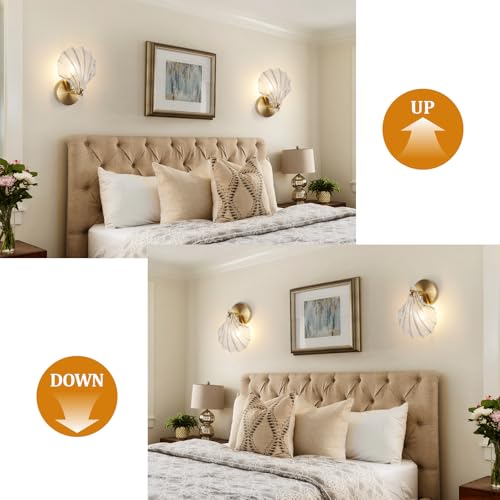 Image of Gold Wall Sconces for Bathroom, Vanity Light Fixtures, Modern Sconces Wall Lights with Clear Shell Shaped Glass Shades, Bathroom Light Fixtures for Living Room, Bedroom, Hallway, mirror, Kitchen, E12