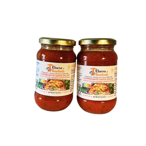 Jollof sauce spicy Ebene&Baobab - pour BBQ, pâtes, riz ou dip - de 1 à 3 personnes - Lot de 2 x bocal de 250g net - Fabriqué en France - Livraison eco-responsable en relais