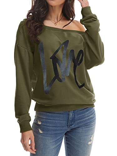 Yanekop Womens Oversized Sweatshirt Love Letter Printed Off Shoulder Sweatshirt Loose Slouchy Pullover Tops(Army Green,2Xl) #TOP3