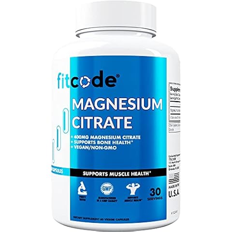Fitcode Magnesium Citrate Capsules 400mg - Muscle and Bone Health Magnesium Supplement with Pure Magnesium Citrate for Muscle Relaxation & Bone Strength - 60 Veggie Magnesium Capsules for Heart Health Cover